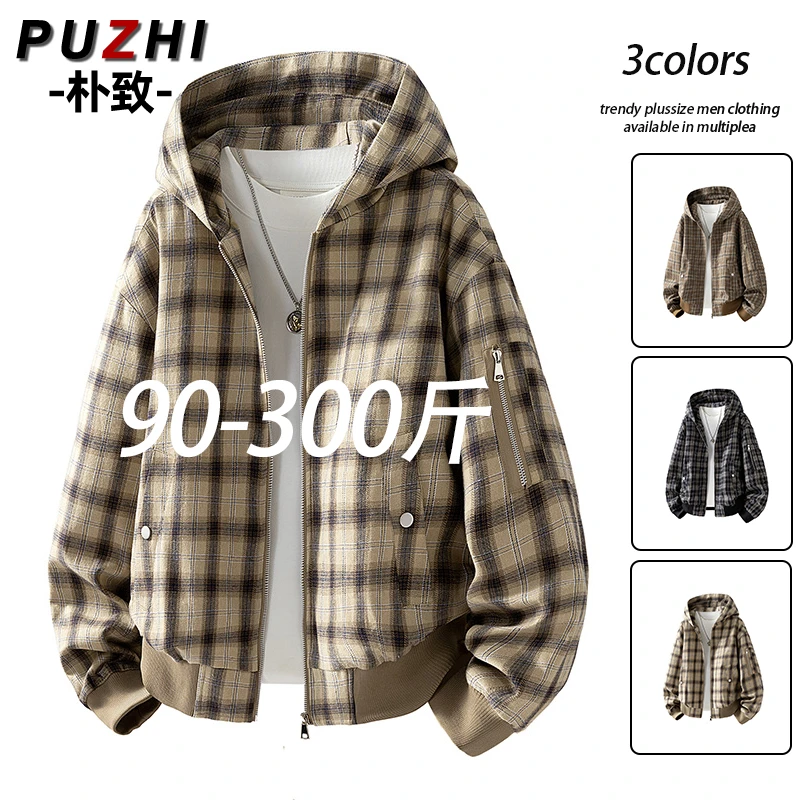 男士大码格子外套休闲春秋新款潮流时尚轻奢高档加肥加大连帽夹克