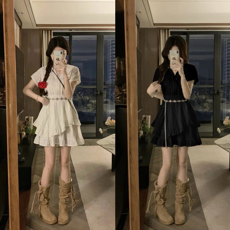 【9869】大码胖mm高腰遮胯显瘦短袖设计感褶皱衬衫连衣裙女