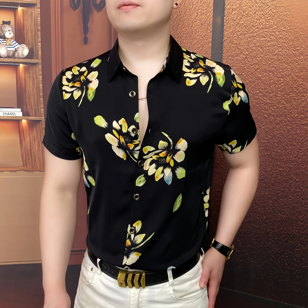 《夜之绽放》2025夏衬衫商务休闲个性男士百搭潮流时尚修身翻领帅气