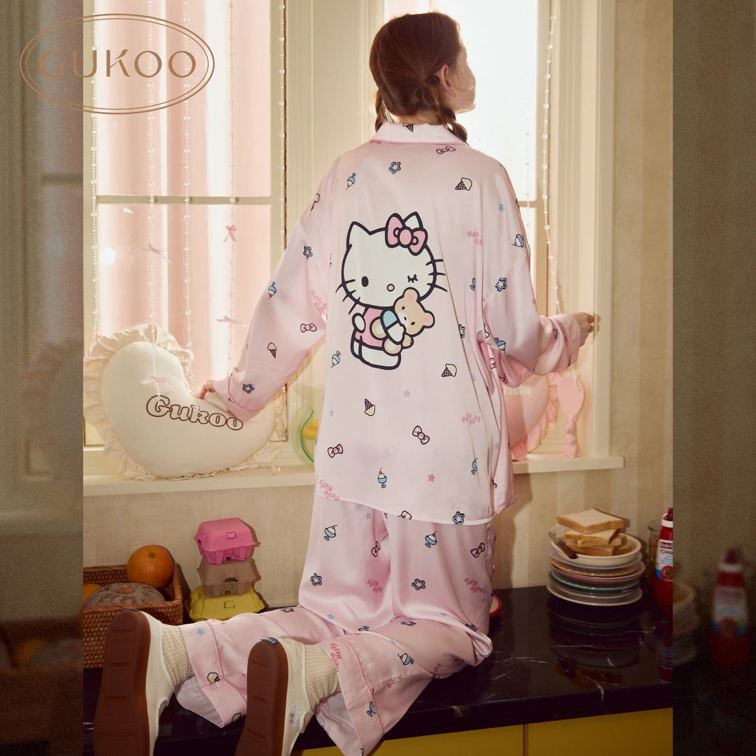 Gukoo/果壳hellokitty大印花冰淇淋欧若风粉色甜美冰丝家居服套装