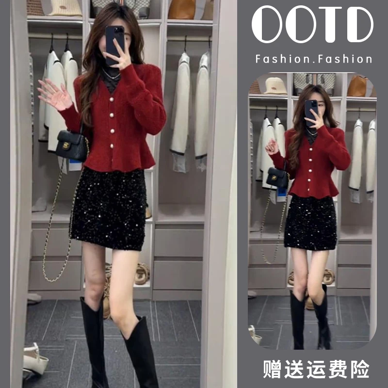 秋冬穿搭一整套2025年减龄圣诞过年战袍小洋装红色毛衣裙子套装