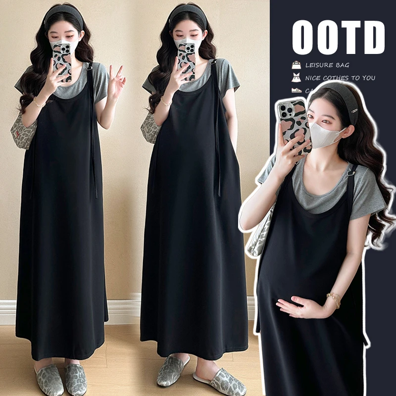 【颜若兮】2025孕妇装夏装夏季新款上衣+韩版背带裙两件套