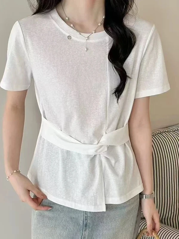 姚家铺子25863夏季新款短袖T一粒扣圆领简约休闲