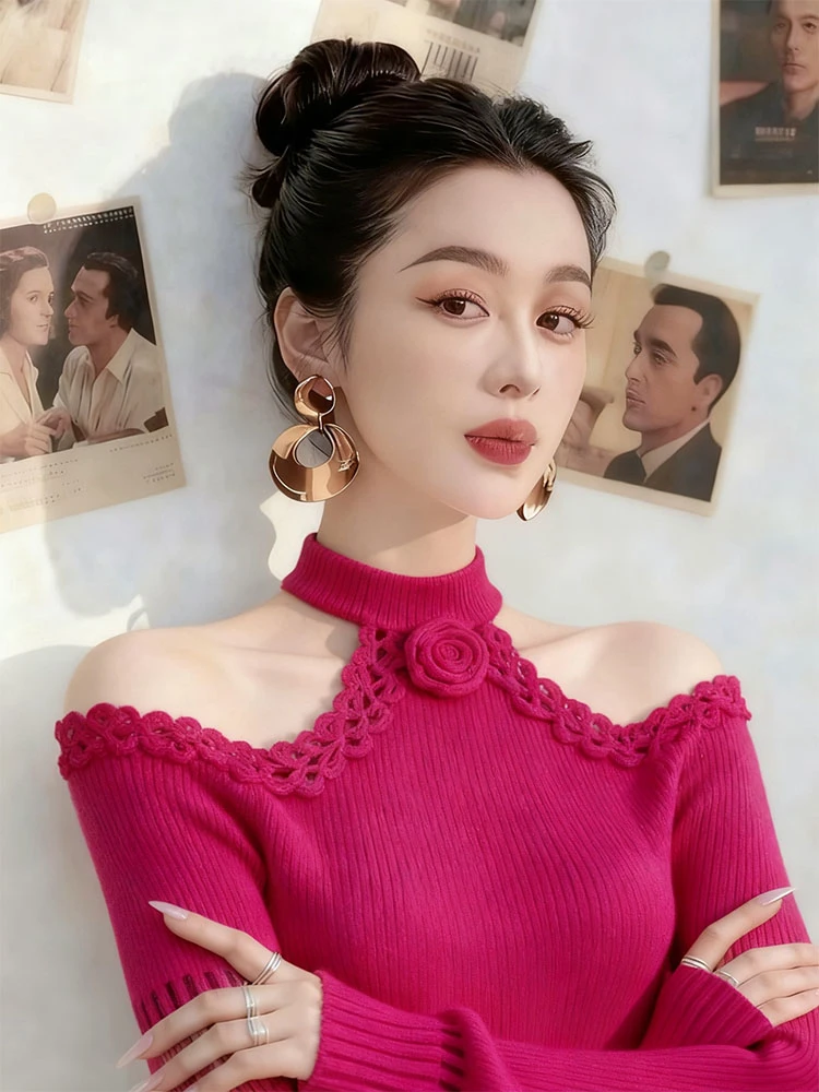 法式小香风挂脖露肩玫红色针织毛衣女冬季设计感花朵内搭打底上衣