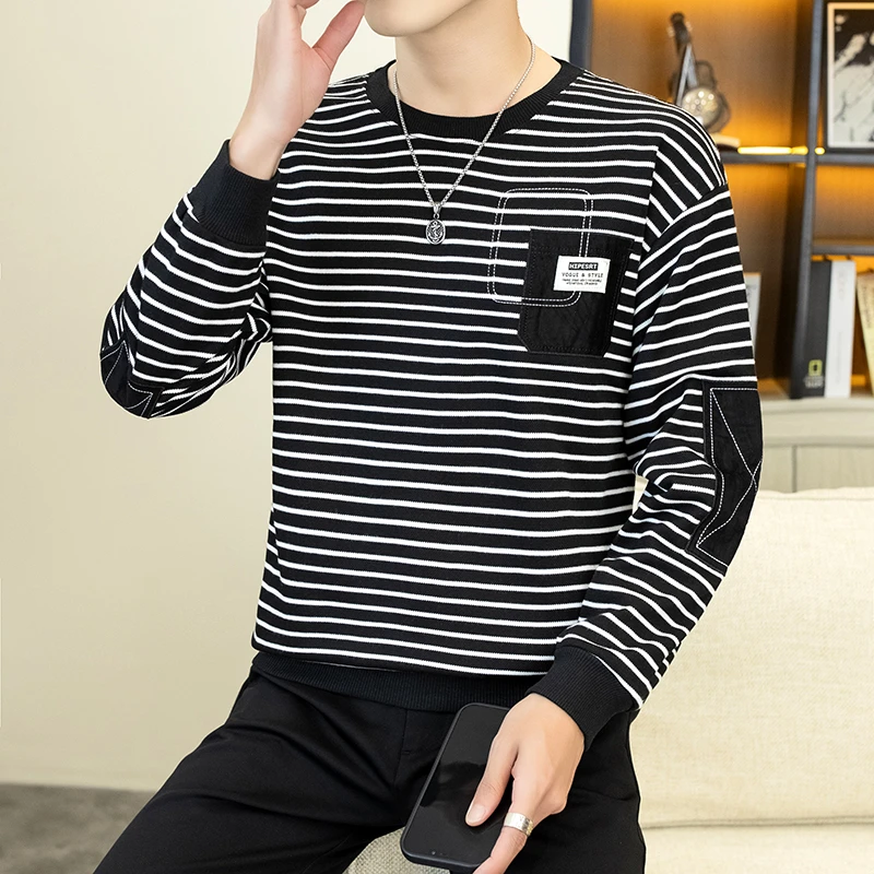 男士条纹卫衣秋冬季新款圆领长袖t恤打底衫潮流青年休闲内搭上衣
