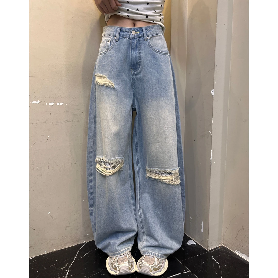 范范与凡凡【破洞蕾丝】韩版复古镂空破洞牛仔裤女设计感百搭阔腿裤