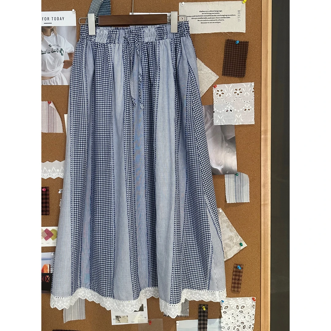 圆圆 【冰河世纪】时尚A字松紧腰系带拼蕾丝条纹半身裙 YY 8526