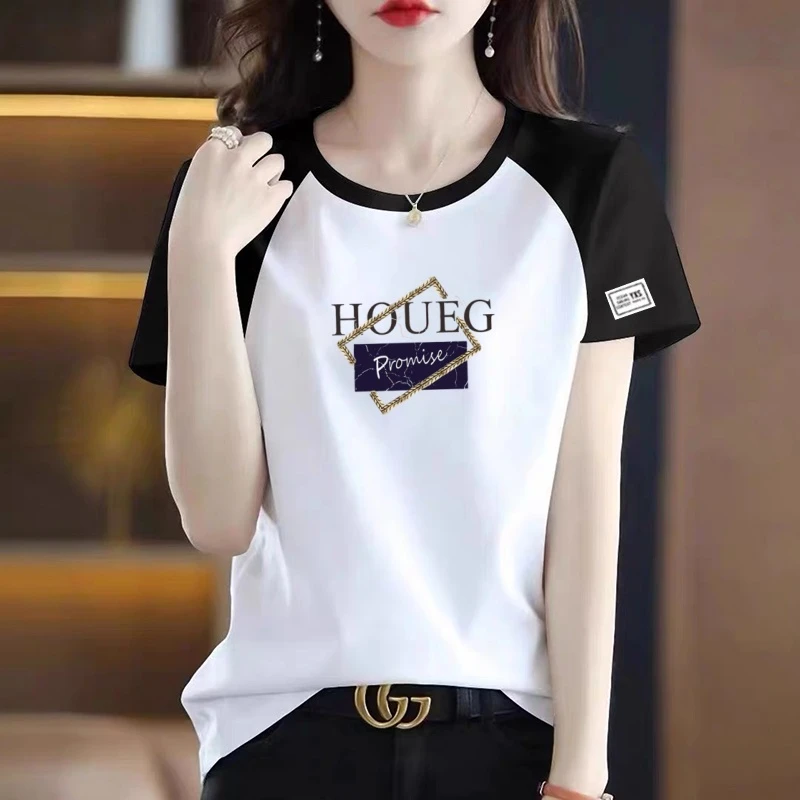 100%纯棉短袖t恤女士夏季新款宽松大码胖mm洋气拼接撞色半袖上衣