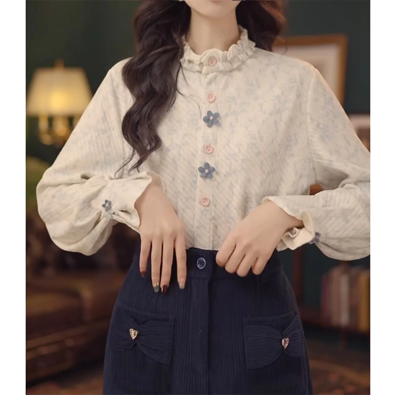 高级感时尚木耳边立领衬衫2025冬季新款复古港风厚款保暖打底上衣