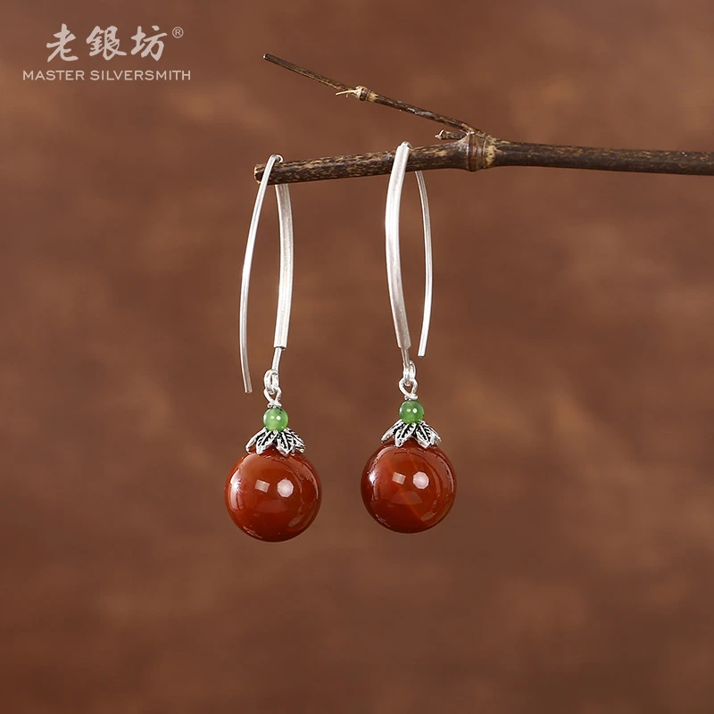 【老银坊】s925银玛瑙珠耳钩 0014499