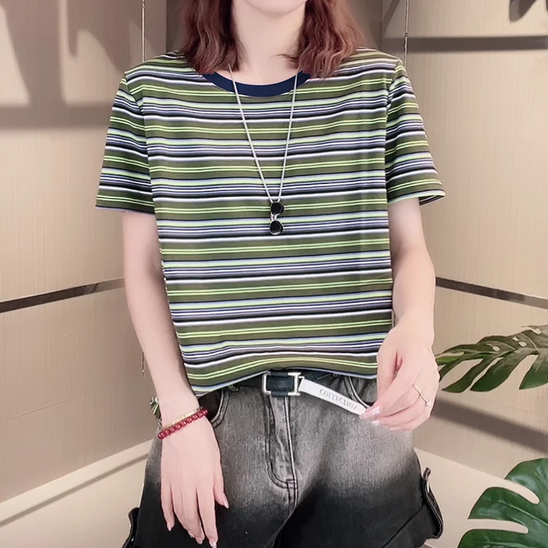 2024夏季款条纹短袖T恤女显瘦气质高档时尚休闲圆领上衣 127-0707