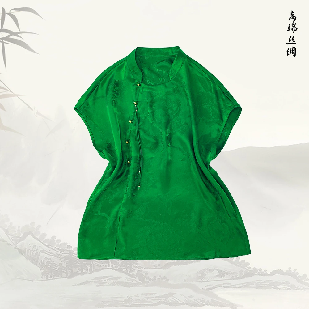 【鹊悦】品牌新款桑蚕丝印花立领提花短袖上衣51693