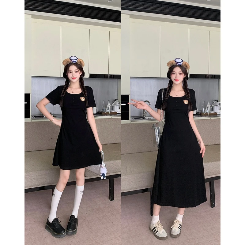 2025夏季新款胖mm大码闺蜜装长短款连衣裙小个子收腰遮肉小黑裙子