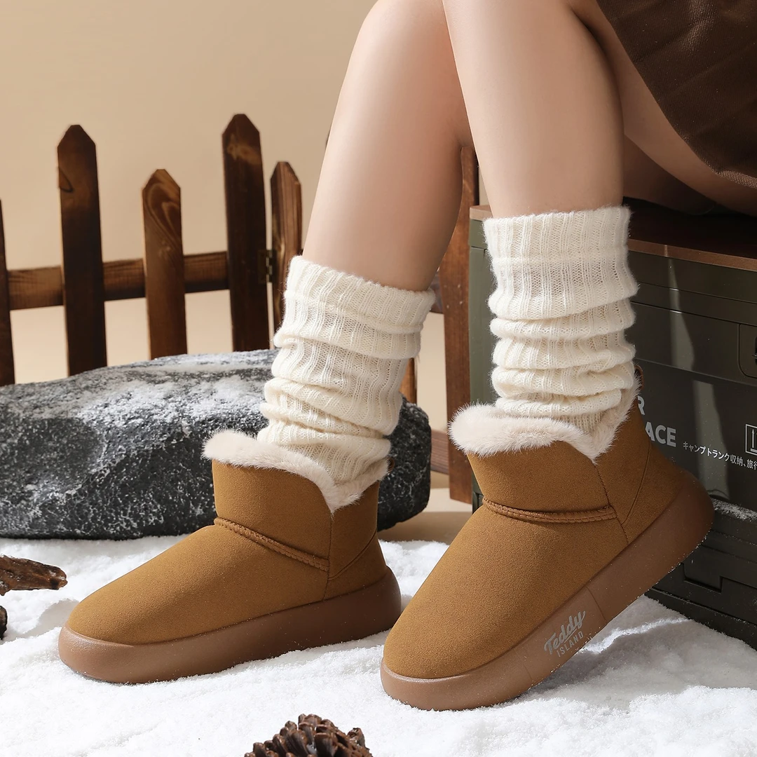 女士冬季厚底麂皮绒加绒防滑保暖棉拖8166