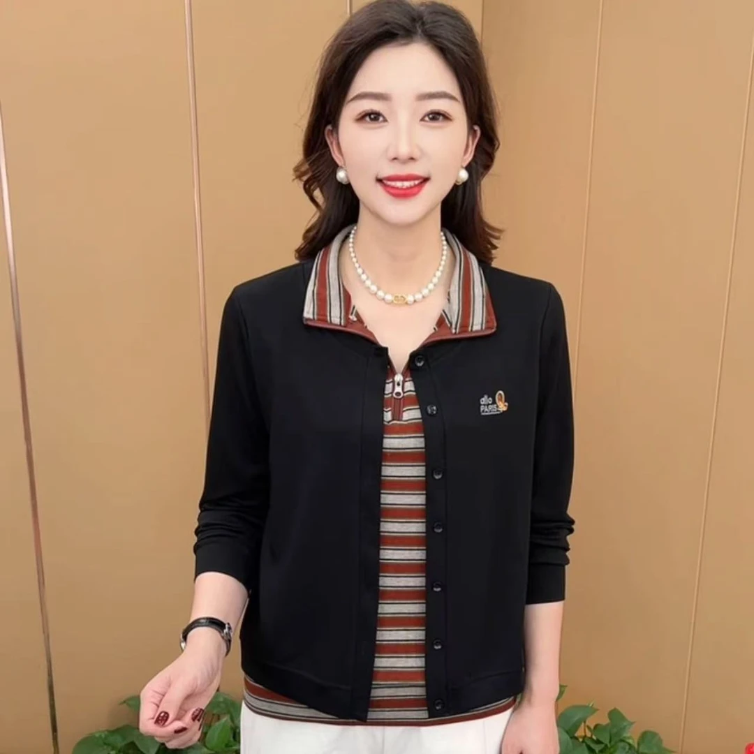 秋季新款时尚立领条纹假两件气质妈妈装显瘦百搭休闲长袖上衣K270