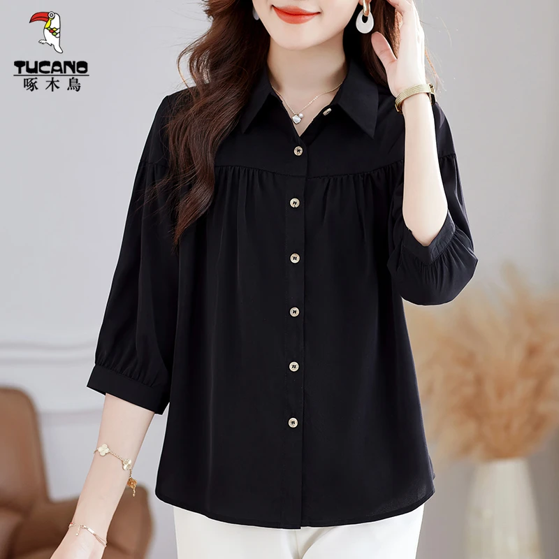 啄木鸟雪纺衬衫女士夏季薄款2025新款时尚小衫上衣宽松七分袖衬衣
