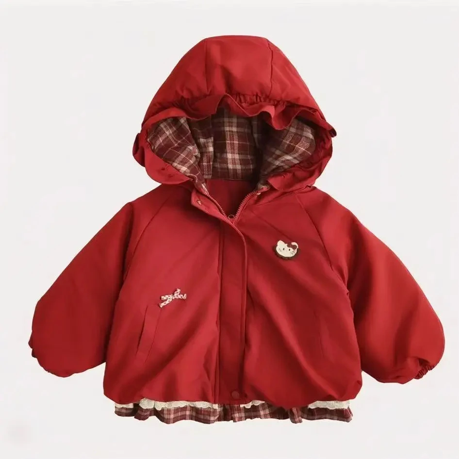 女童外套冬装2025新款儿童红色洋气保暖棉服宝宝连帽上衣女宝棉衣