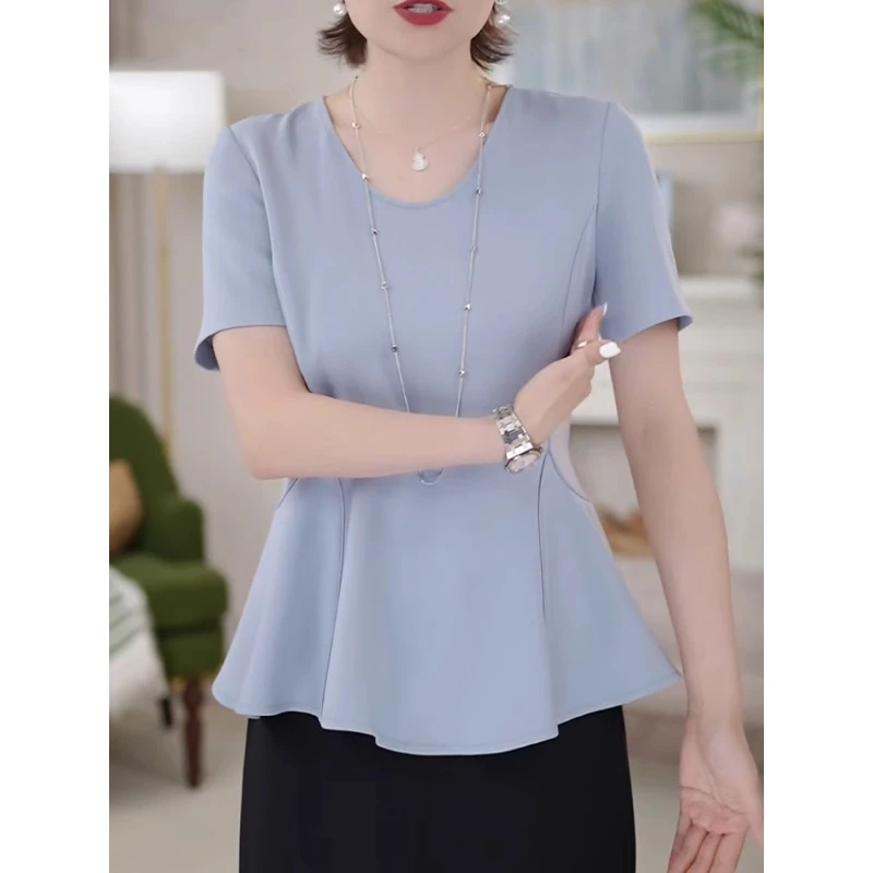 大码正肩V领短袖T恤女2025夏季新款微胖妹妹收腰显瘦简约百搭上衣