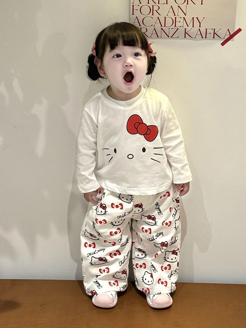 韩版女童2025秋季新款可爱凯蒂猫印花长袖女宝宝卡通纯色印花上衣