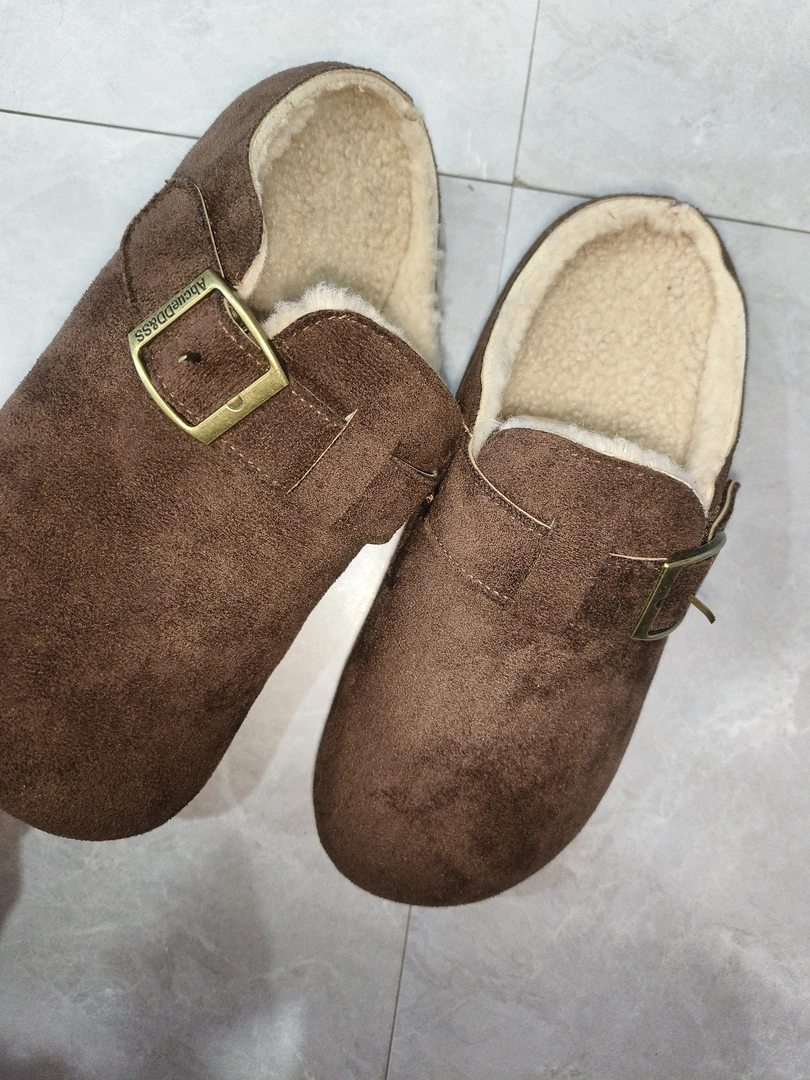 纯色防水台休闲鞋修面皮半拖加绒保暖防滑勃肯鞋包头毛毛拖鞋女