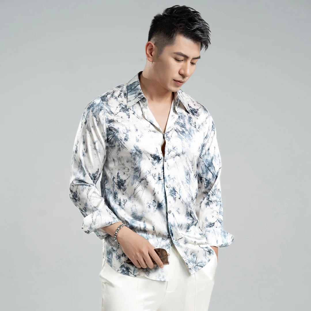 言吉男装高端新品休闲真丝衬衫夏季新款时尚桑蚕丝衬衣YJ55077