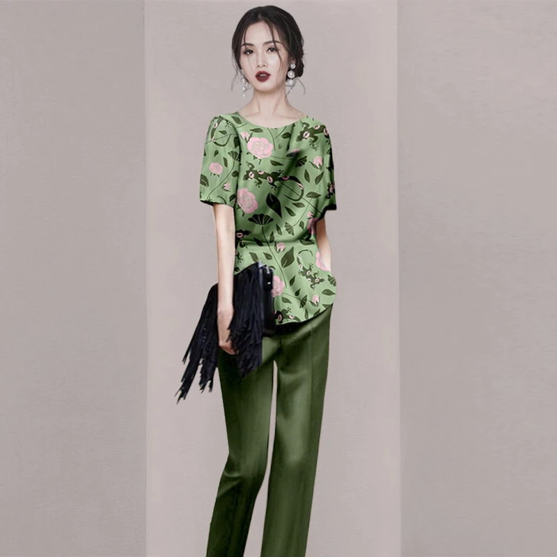 时尚套装阔腿裤复古休闲洋气夏季时尚印花绿色宽松圆领女装