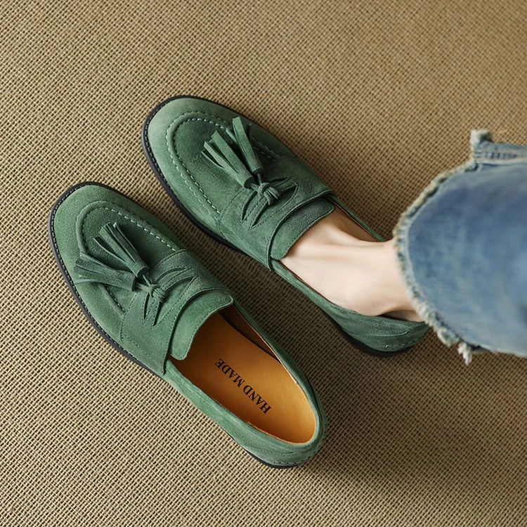 复古时尚/3.5cm羊皮高级感粗跟复古单鞋女真皮麦穗乐福鞋女英伦风