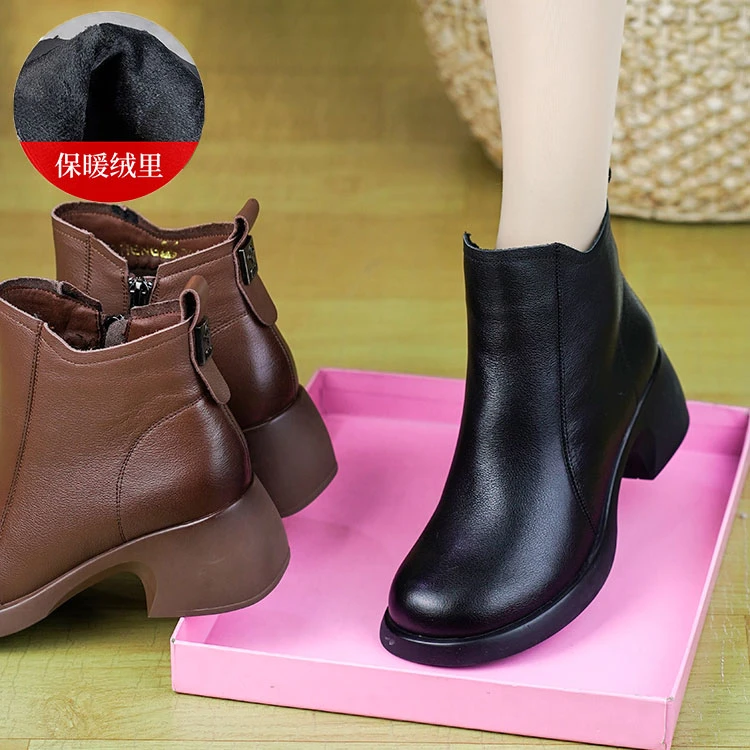 507226冬新款头层牛皮厚底粗跟小短靴加绒保暖棉靴舒适防滑马丁靴