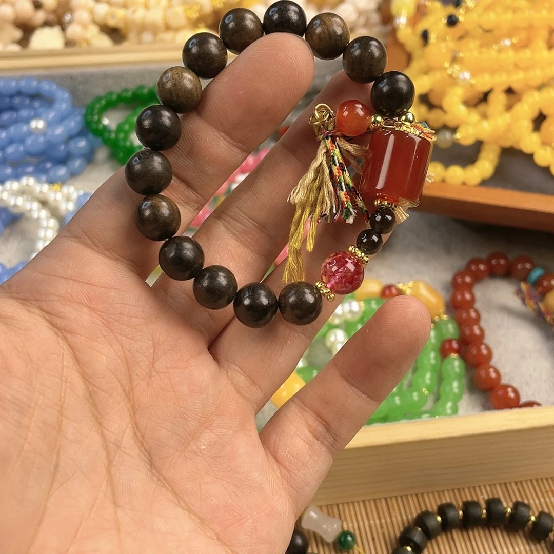 檀香木手串银S925镀金镶嵌