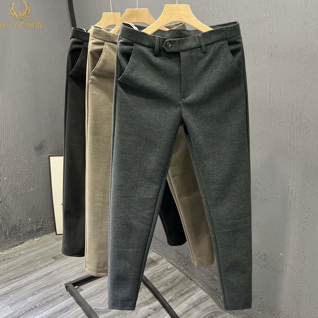 HKYC毛呢男士休闲裤秋冬季潮流韩版修身小脚西裤时尚加厚长裤