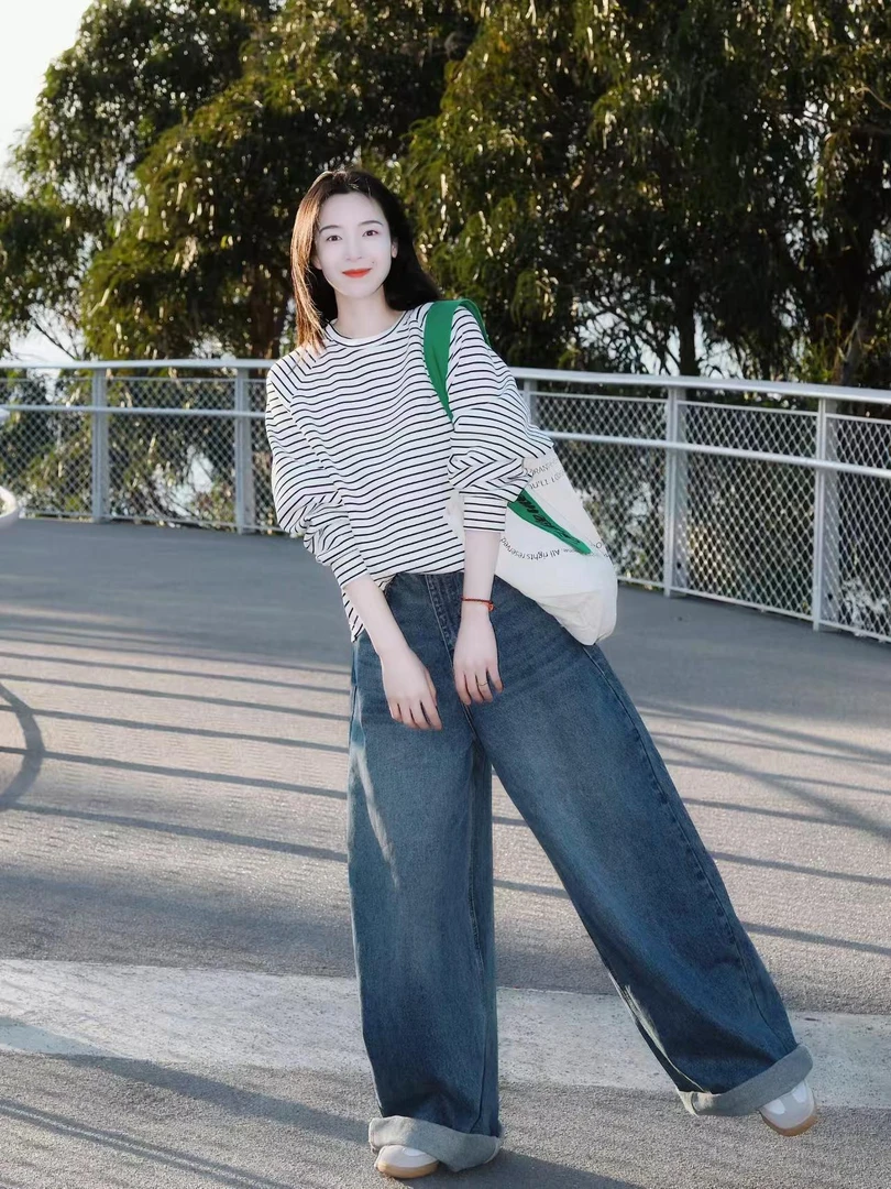 【自由随性】2025新款休闲条纹圆领上衣T恤慵懒风高腰阔腿裤气质