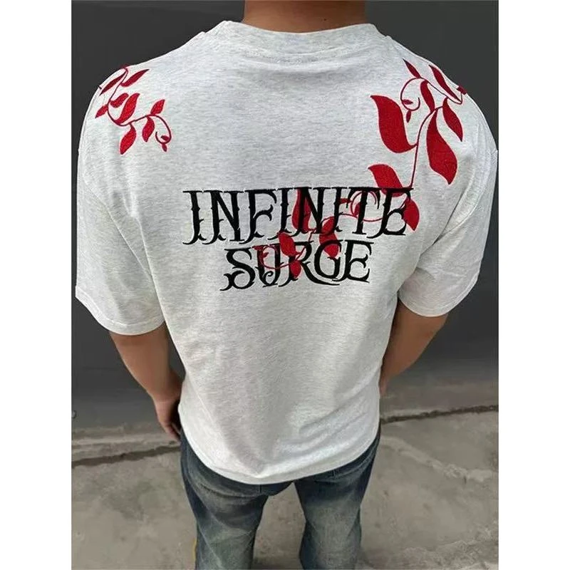 新款国潮蓝银草刺绣t恤男女夏季美式街头潮牌短袖cleanfit半截袖