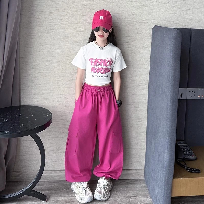 女童短袖工装裤两件套装网红炸街潮2025夏款时髦中大童T恤裤子潮