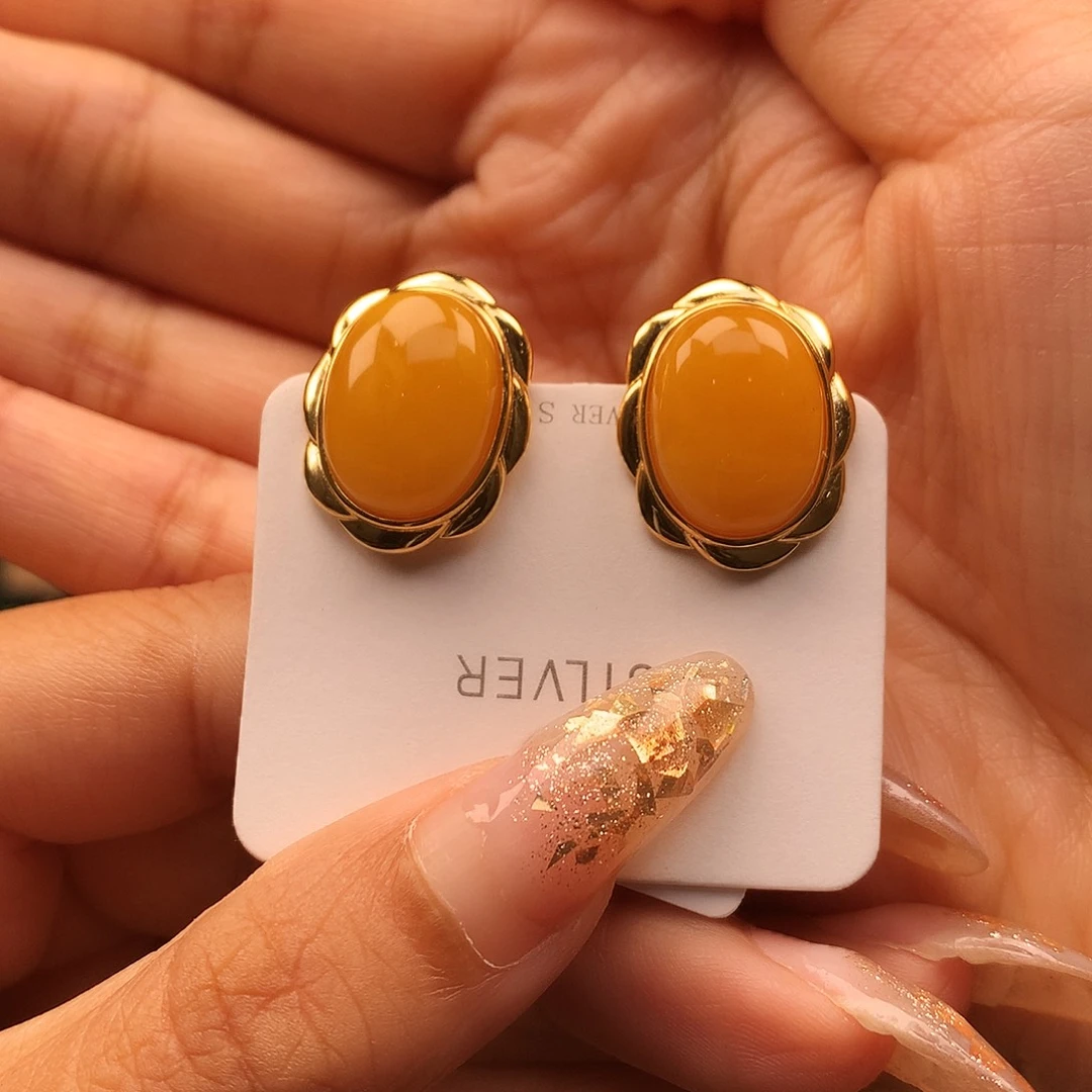 银S925镶嵌蜜蜡耳饰耳钉