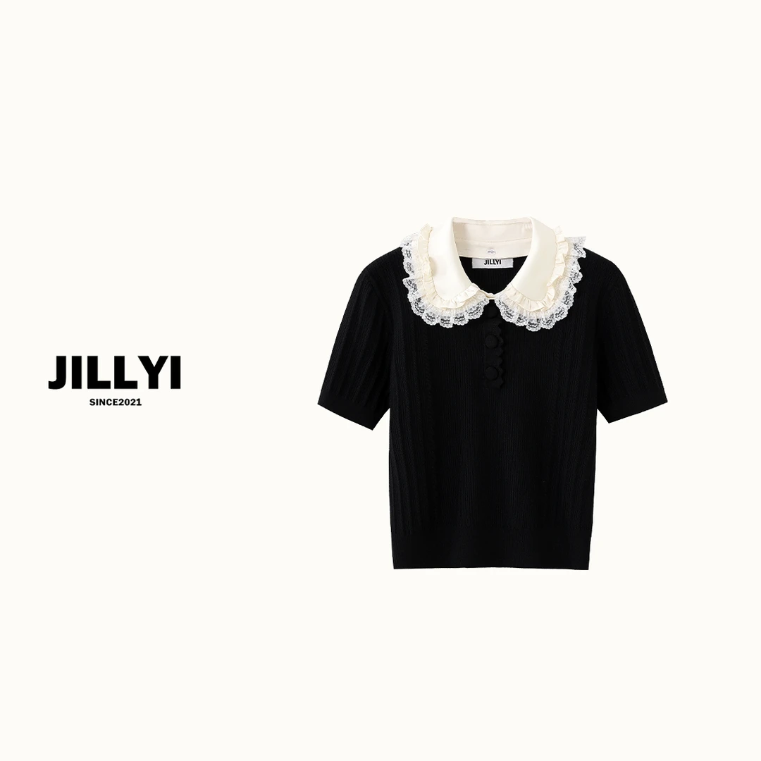JILLYI南山店【里约少女】黑色拼接白色蕾丝元宝领口时尚针织上衣