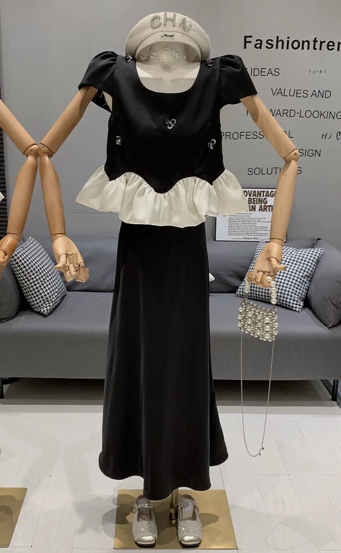夏季新款时尚醋酸荷叶法式短袖上衣拼接高腰显瘦半身裙3