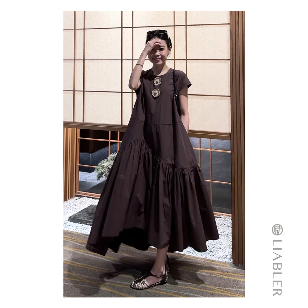 LIABLER/励 D25春夏圆领小盖袖拼接波浪下摆连衣裙 LSS251132D