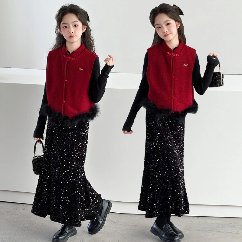 女童新中式拜年服加绒套装秋冬新款新年红色公主裙高级礼服三件套