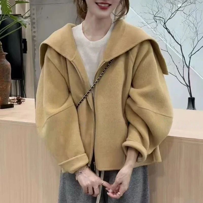 【海军领】韩系大翻领针织短外套冬季女韩系简约高级感休闲百搭上衣