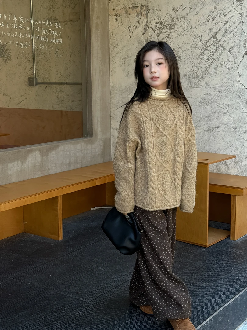 LJ-72518-慵懒风定制款~柠檬酱童装女童2025冬款保暖加厚麻花毛衣