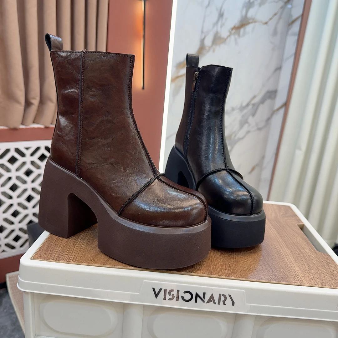 高级感时尚粗跟百搭瘦瘦靴高跟圆头套筒季短靴时尚高跟鞋2512-6