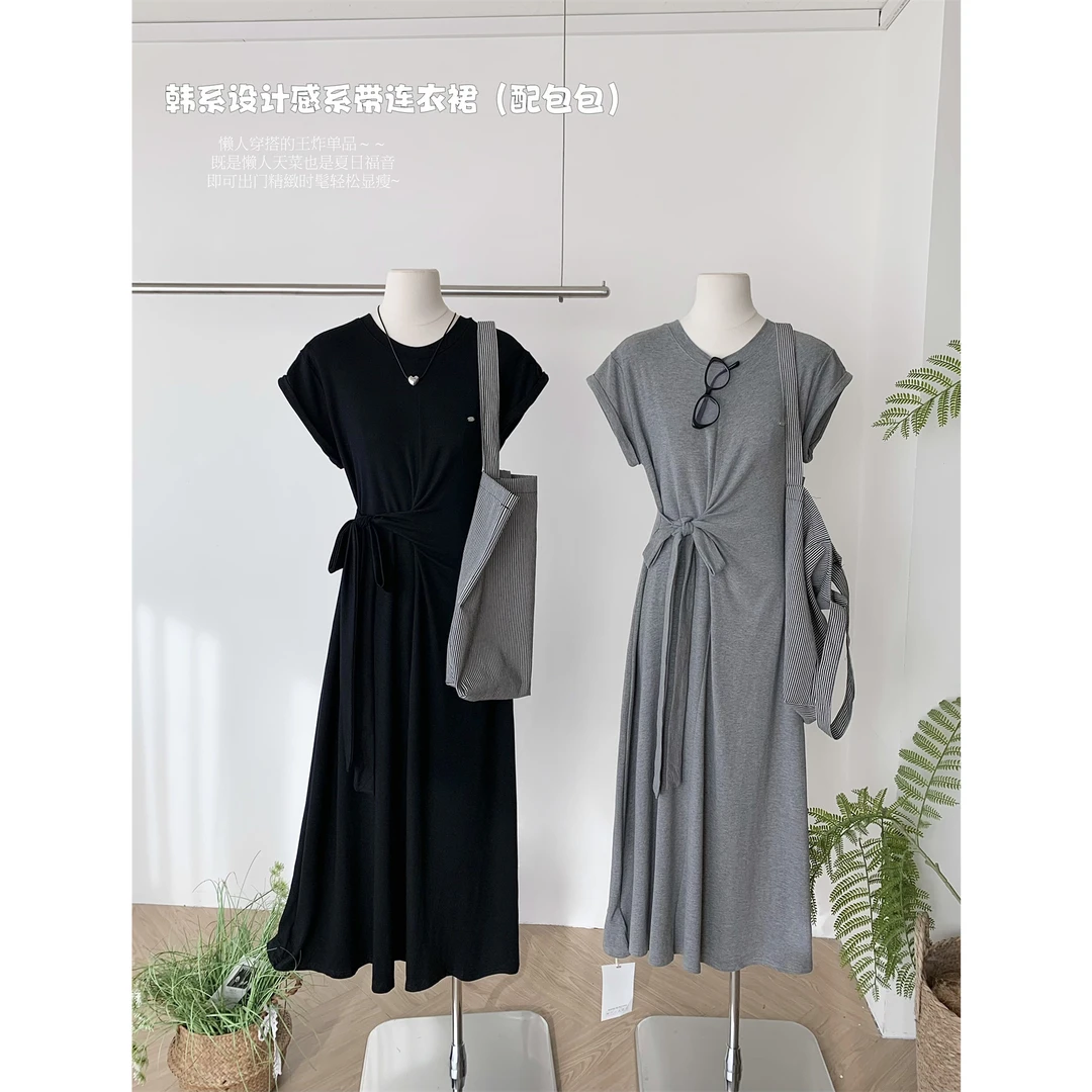 韩版蝙蝠袖绑带连衣裙女长款2025夏新款时尚收腰显瘦纯棉T恤裙