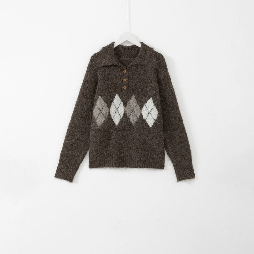 几里与麻 复古polo领菱格针织毛衣 衣长57 胸围108 2102746