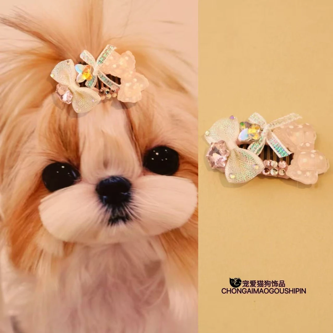 宠物发夹粉色蝴蝶结带钻BB夹马尔济斯约克夏发夹A133