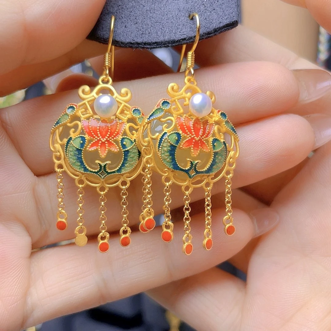 和田玉银S925镀金镶嵌耳饰