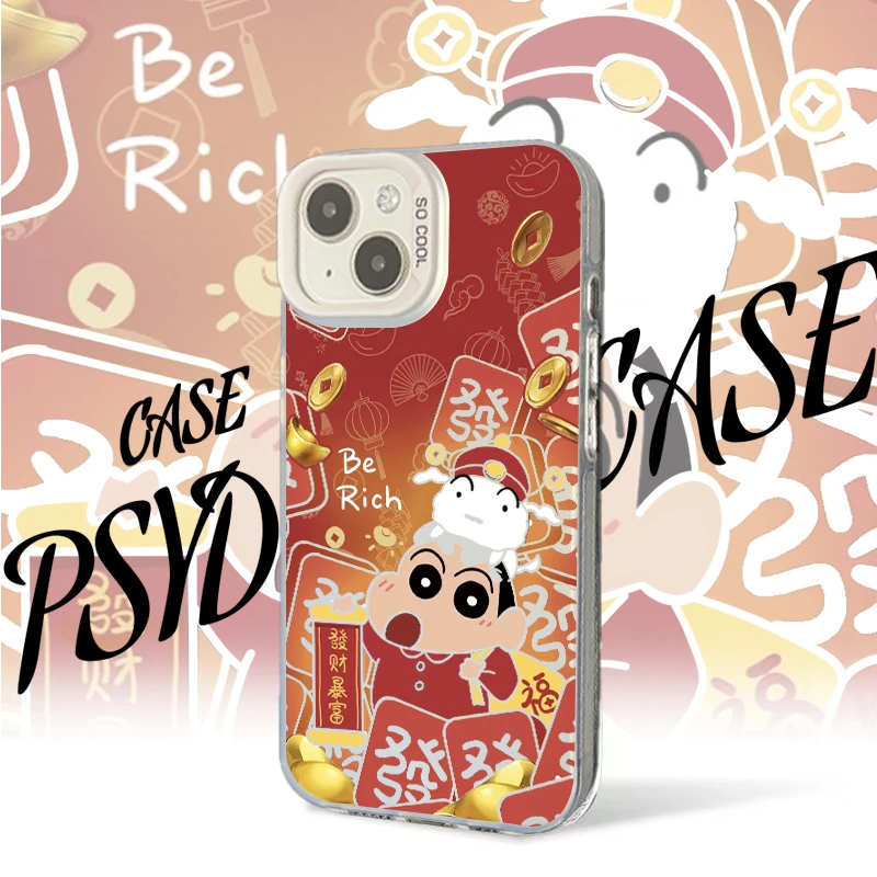 适用苹果华为一加iQ小米发财暴富小新彩银白底动漫全包防摔手机壳