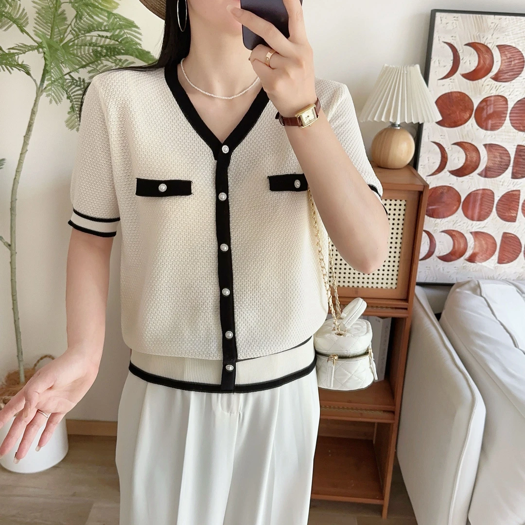 小香风V领小衫短袖针织衫T恤女夏装新款百搭宽松洋气上衣女1789