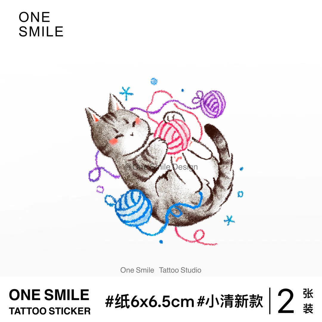 ONESMILE 毛线球猫咪 可爱纹身贴彩色卡通动物手腕防水持久女儿童