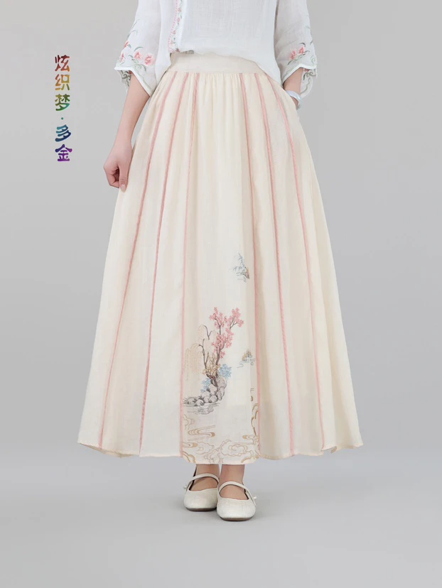 炫织梦多金25夏款国风中式重工刺绣苎麻仙女裙半身裙7933