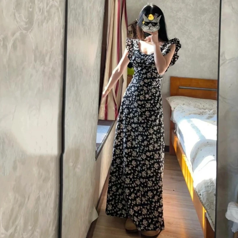 高个子加长黑色碎花连衣裙子女夏季2025小飞袖茶歇法式赫本风长裙